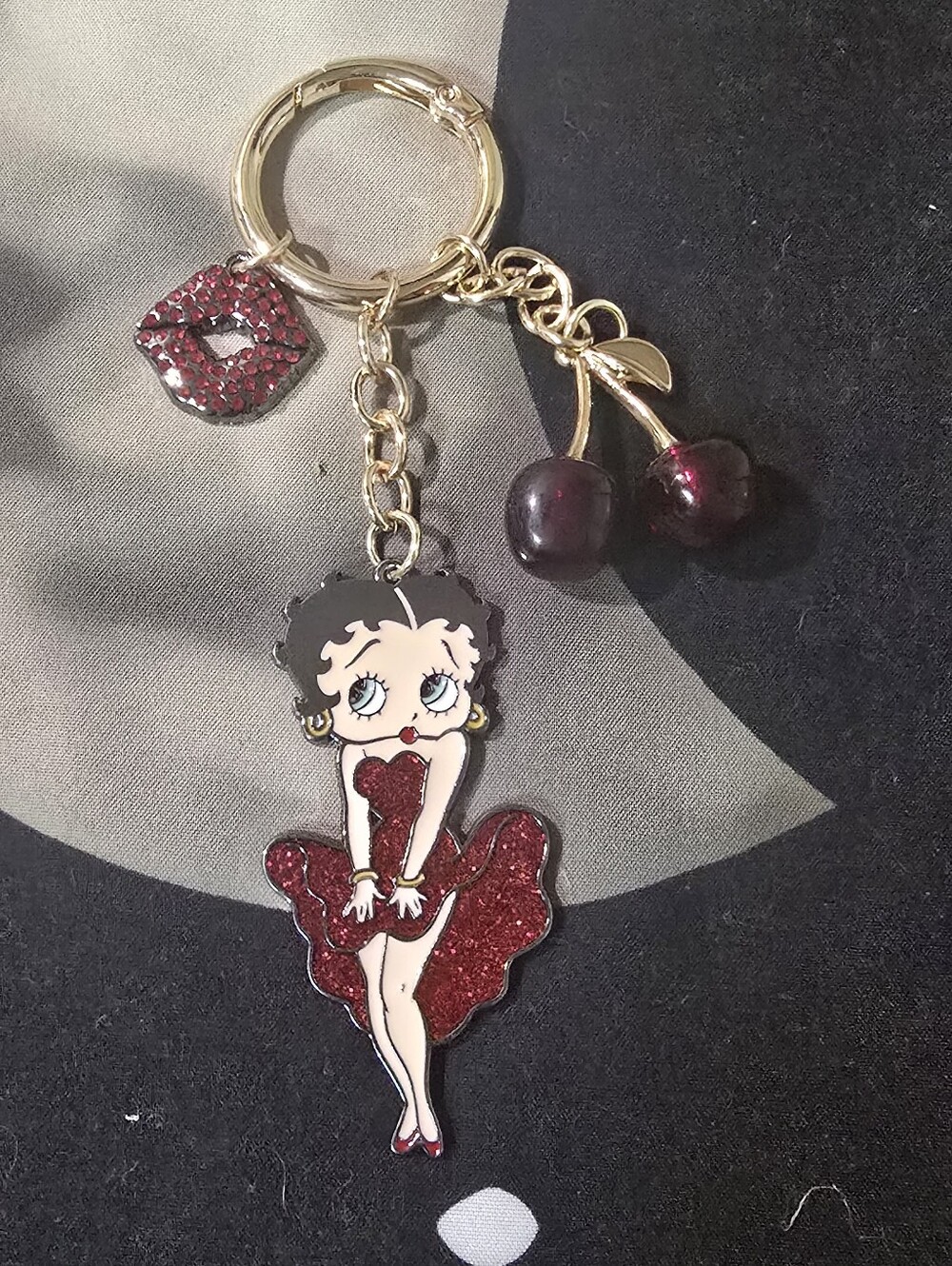 Betty Boop Red Glitter Charm Keychain with Cherry Accent